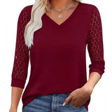 Lace-Sleeve Casual V-Neck Blouse