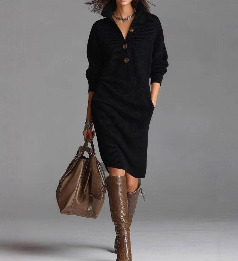 Joyce™ | Button Front Collared Knit Midi Sweater Dress