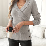 Barbara™ | Ribbed-Hem Side-Button Wrap V-Neck Sweater