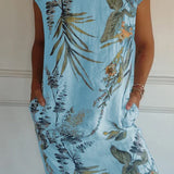 Breathable Tropical Print Side-Pocket Shift Dress