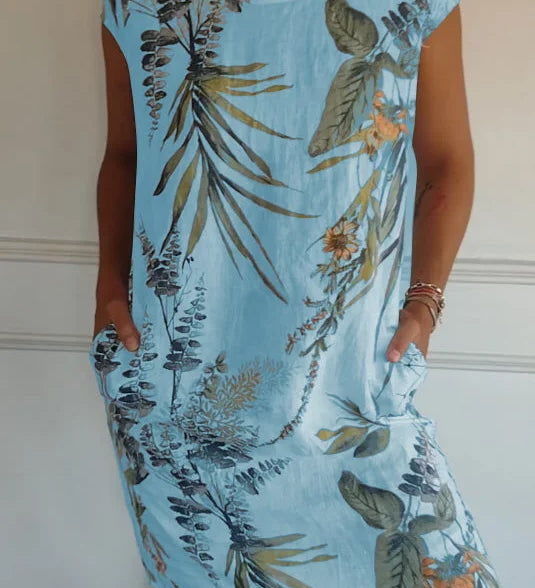 Breathable Tropical Print Side-Pocket Shift Dress