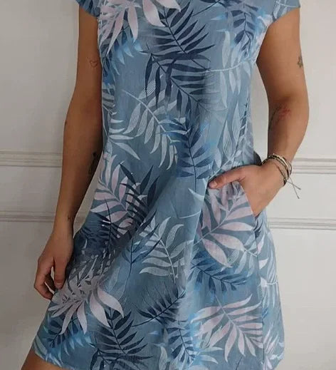 Breathable Tropical Print Side-Pocket Shift Dress