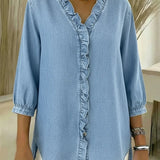 Chic Feminine Ruffle-Trim Denim Blouse