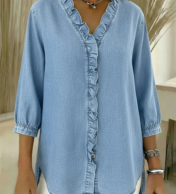 Chic Feminine Ruffle-Trim Denim Blouse