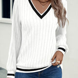 Yara™ | Ribbed Knit Contrast-Trim V-Neck Sweater