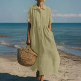 Pleated Boho Linen Button Maxi Dress