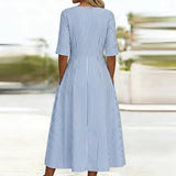 Button-Detail Striped Elegant V-Neck Midi Dress