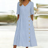 Button-Detail Striped Elegant V-Neck Midi Dress