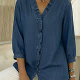 Chic Feminine Ruffle-Trim Denim Blouse