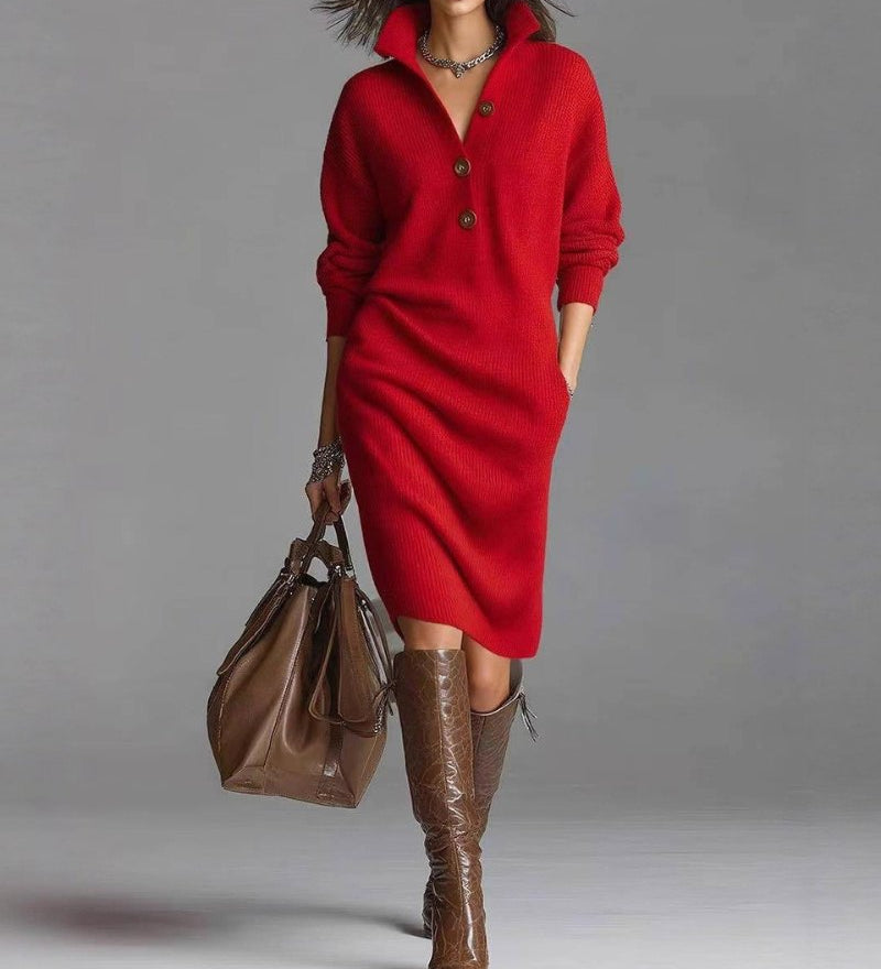 Joyce™ | Button Front Collared Knit Midi Sweater Dress