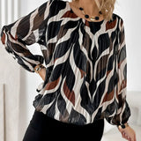 Artistic Leaf Print Pleated Long-Sleeve Blouse