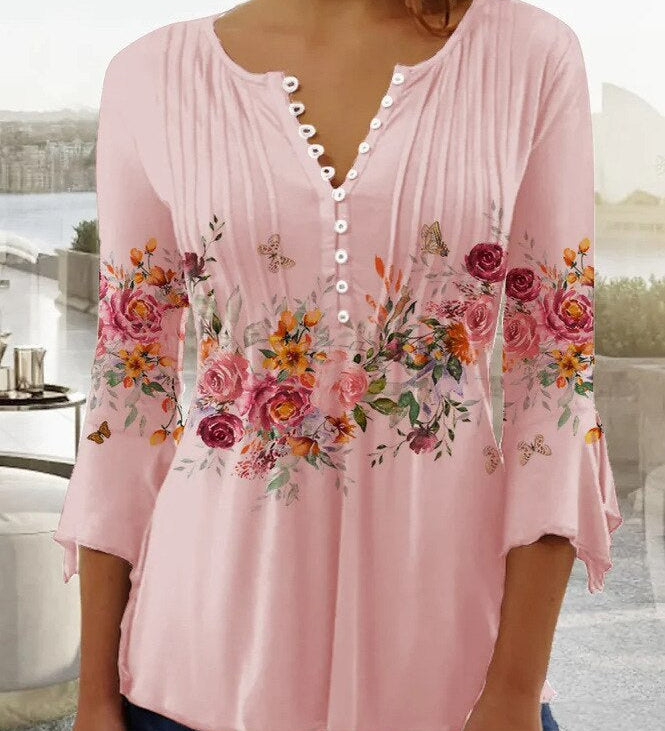 Floral Pintuck Bell Sleeve Blouse