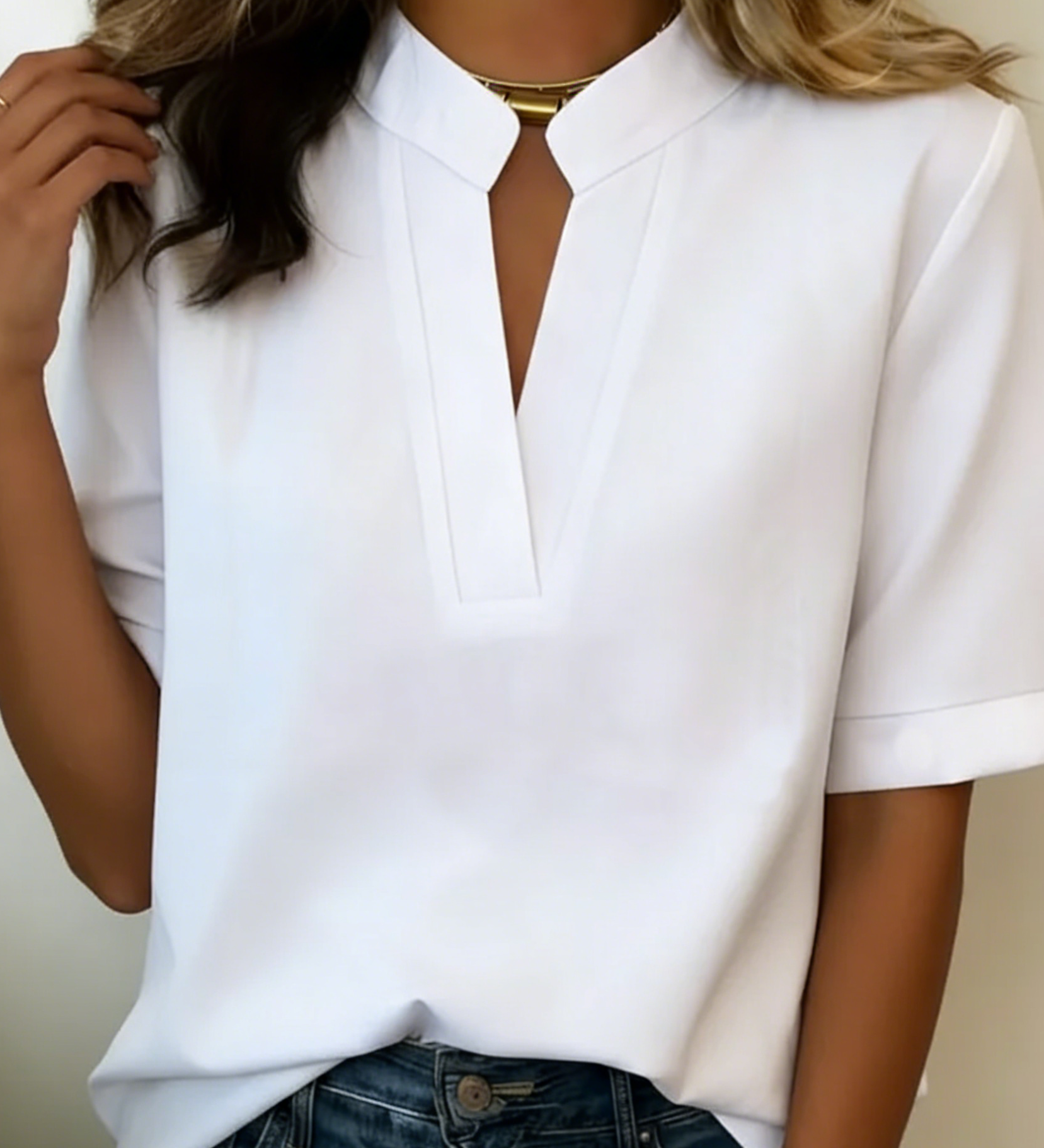 Split-Neck Elegant Chiffon Short-Sleeve Blouse
