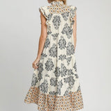 Artistic Floral Print Ruffle Sleeve Maxi Dress