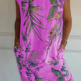 Breathable Tropical Print Side-Pocket Shift Dress