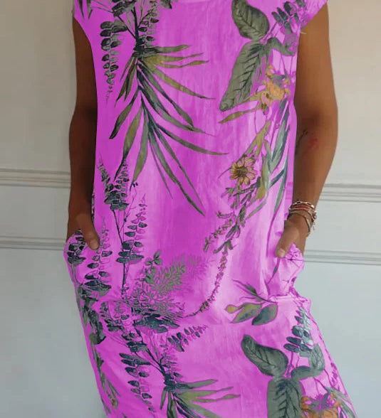Breathable Tropical Print Side-Pocket Shift Dress