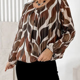 Artistic Leaf Print Pleated Long-Sleeve Blouse