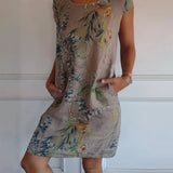 Breathable Tropical Print Side-Pocket Shift Dress