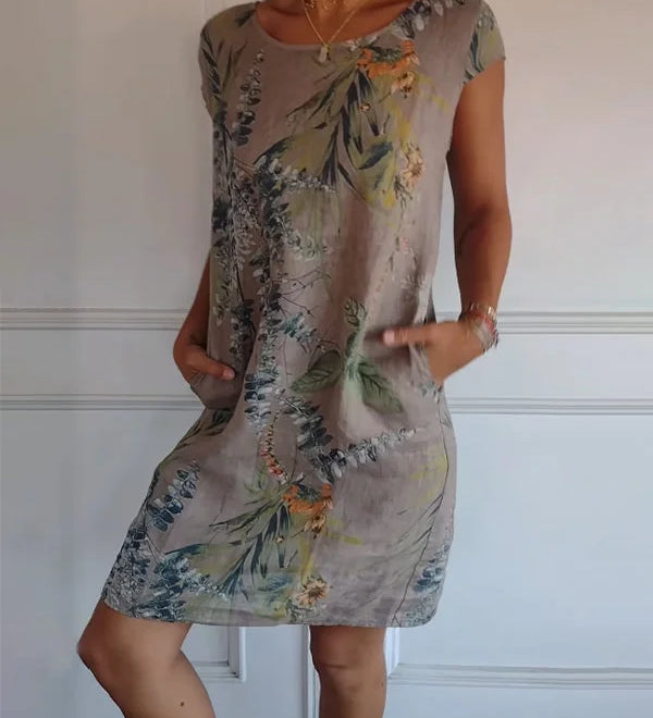 Breathable Tropical Print Side-Pocket Shift Dress
