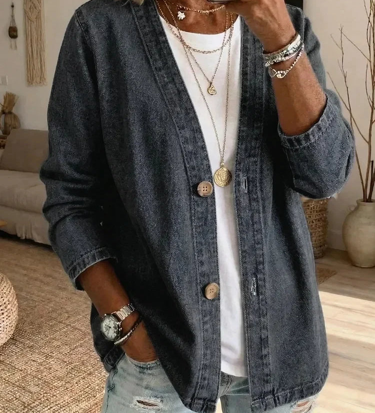 Button-Front Casual Oversized Denim Jacket