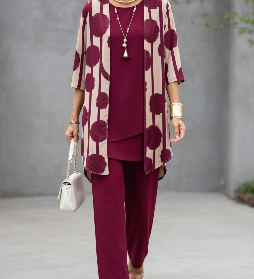 Polished Modern Geometric Print Cardigan & Matching Trouser Set