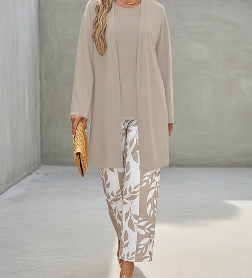 Leaf Print Three-Piece Cardigan Set