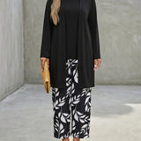 Leaf Print Three-Piece Cardigan Set