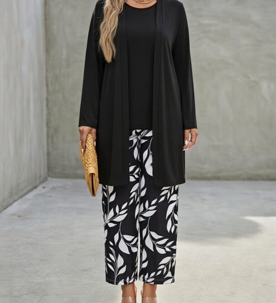 Leaf Print Three-Piece Cardigan Set
