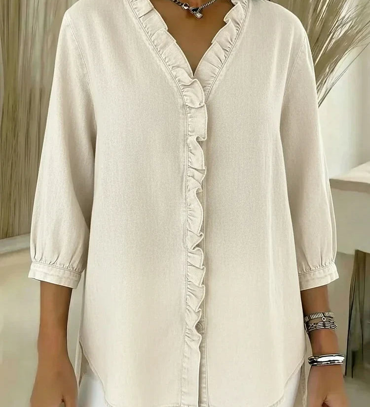 Ruffle-Trim Casual Denim Shirt Blouse
