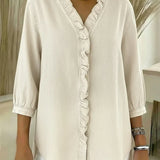 Chic Feminine Ruffle-Trim Denim Blouse