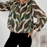 Artistic Leaf Print Pleated Long-Sleeve Blouse