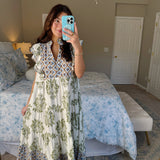 Artistic Floral Print Ruffle Sleeve Maxi Dress