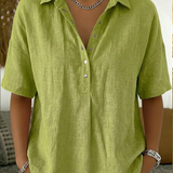 Snap-Button Casual Linen Blouse