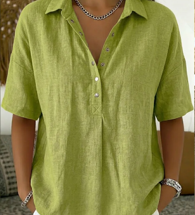 Snap-Button Casual Linen Blouse