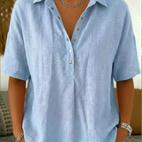 Snap-Button Casual Linen Blouse