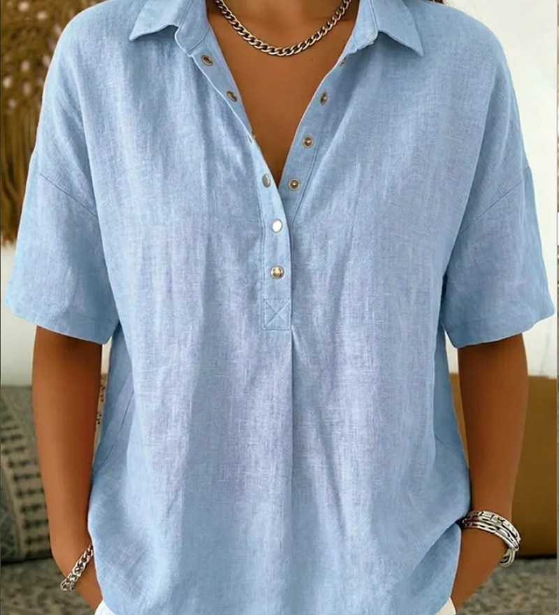 Snap-Button Casual Linen Blouse
