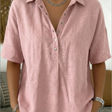 Snap-Button Casual Linen Blouse