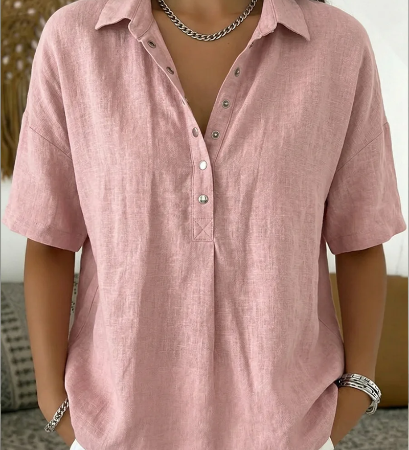 Snap-Button Casual Linen Blouse