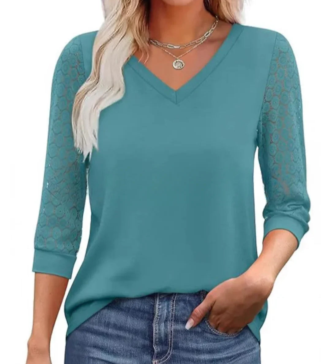 Lace-Sleeve Casual V-Neck Blouse