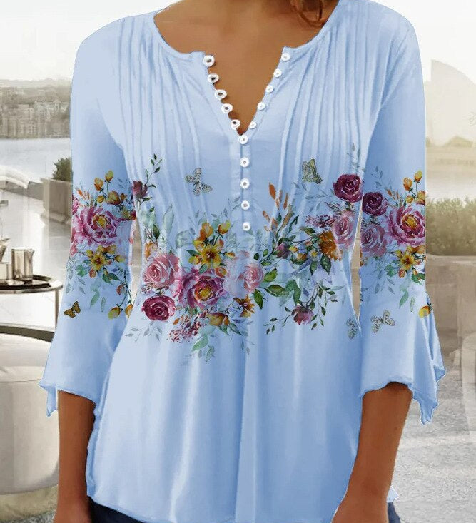 Floral Pintuck Bell Sleeve Blouse