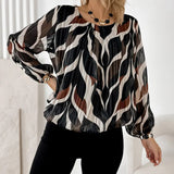 Artistic Leaf Print Pleated Long-Sleeve Blouse
