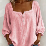 Solid Button-Neck Relaxed Blouse