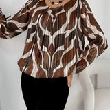 Artistic Leaf Print Pleated Long-Sleeve Blouse