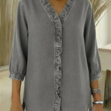 Ruffle-Trim Casual Denim Shirt Blouse