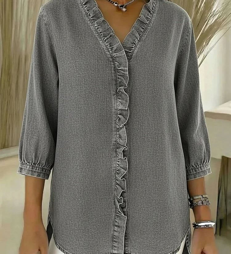 Ruffle-Trim Casual Denim Shirt Blouse