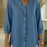 Chic Feminine Ruffle-Trim Denim Blouse