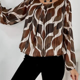 Artistic Leaf Print Pleated Long-Sleeve Blouse