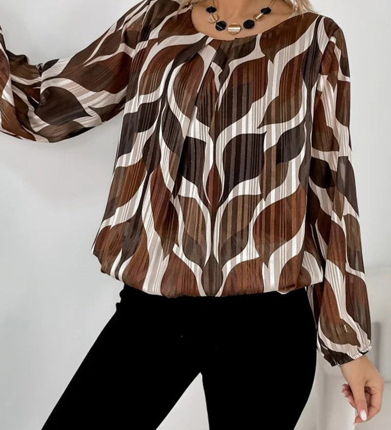 Artistic Leaf Print Pleated Long-Sleeve Blouse