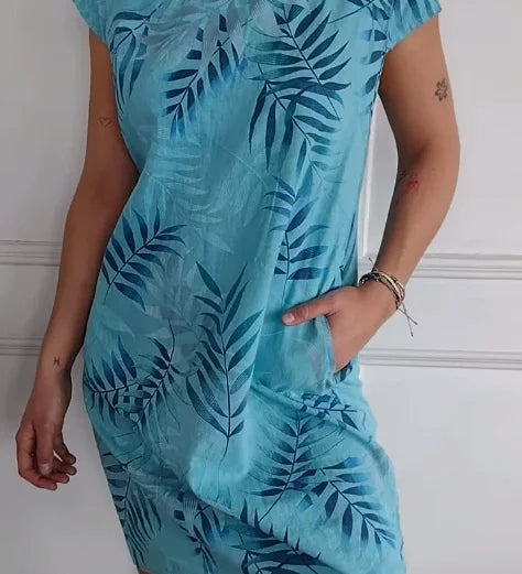 Breathable Tropical Print Side-Pocket Shift Dress