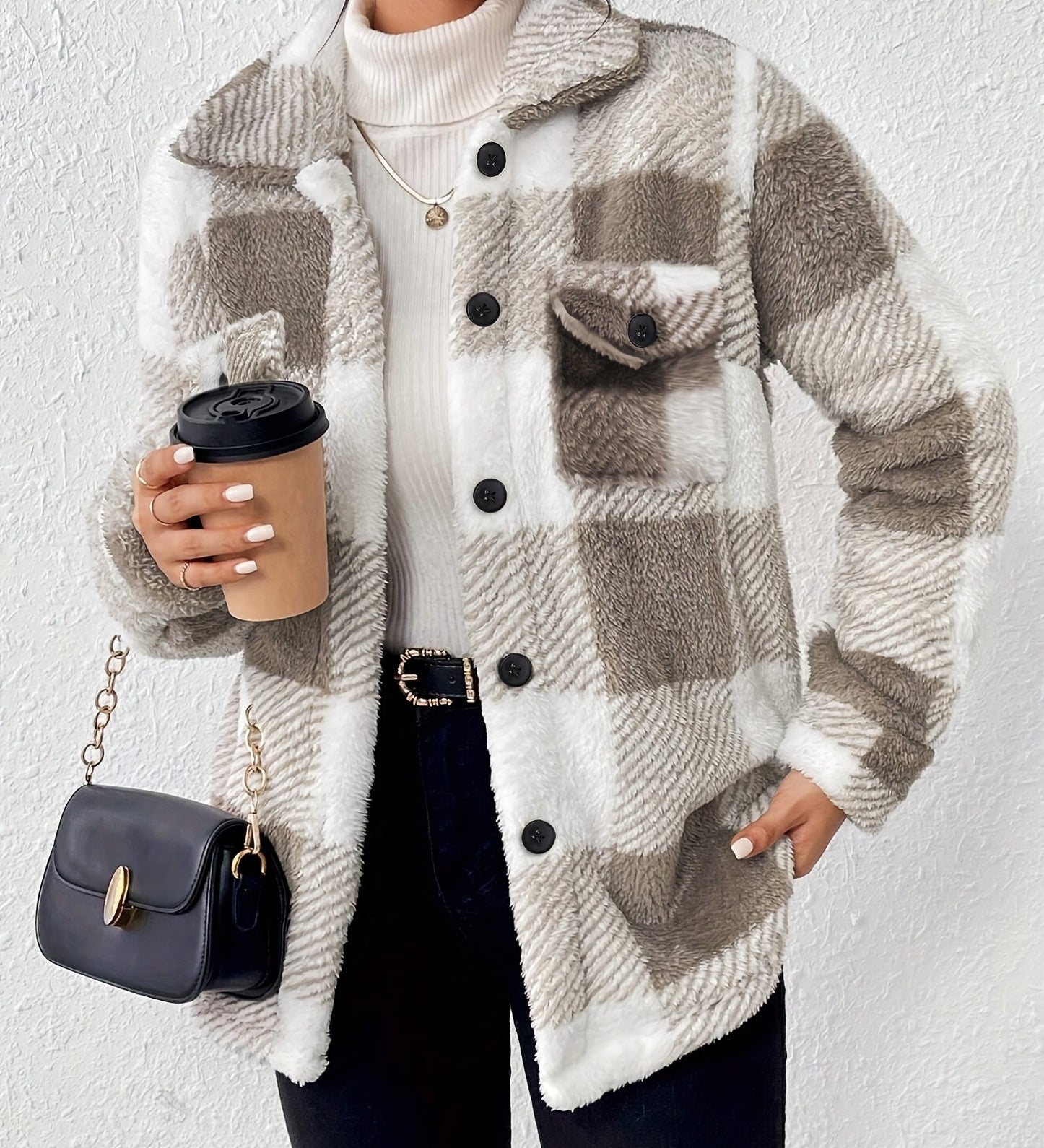 Lilou™ | Fleece Plaid Button-Up Shacket Jacket